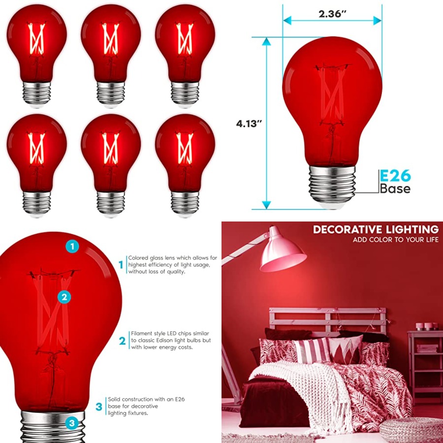 Outdoor Lighting Decoration - A19 エジソンLED電球、4.5W 60W相当、カラーガラスフィラメント、UL規格適合、E26標準口金、屋内屋外兼用、ポーチ、装飾用