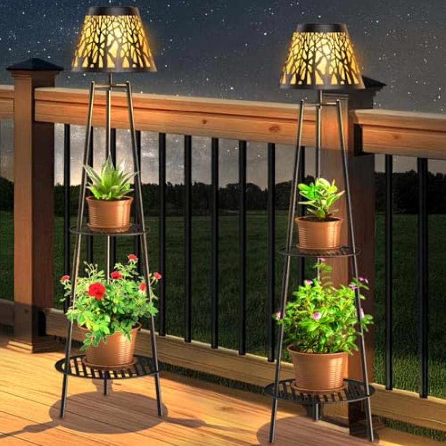 Outdoor Lighting Decoration - 2パック屋外ソーラーフロアランプ、植物スタンド付き、防水メタルガーデンライト、2段棚付き、装飾LEDコードレスパット