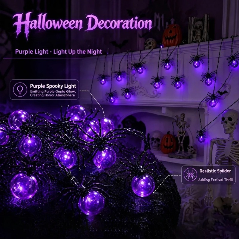 電池式スパイダーLEDストリングライト、ハロウィン屋外装飾、 - Outdoor Lighting Decoration のレビューと価格