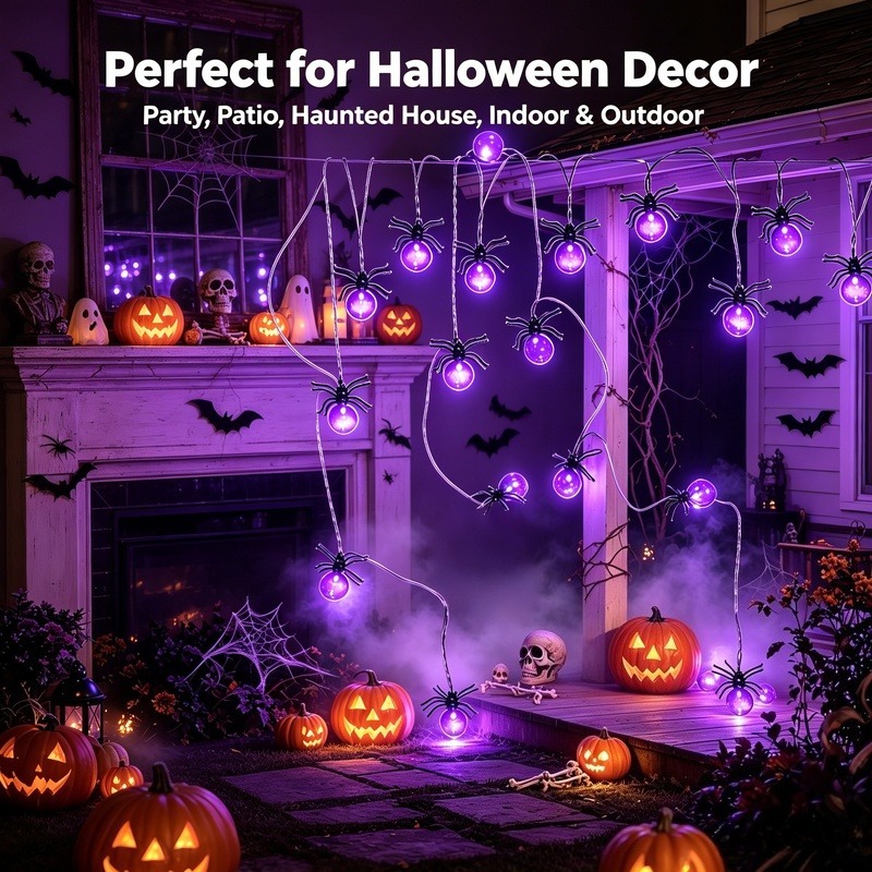 電池式スパイダーLEDストリングライト、ハロウィン屋外装飾、 - Outdoor Lighting Decoration のレビューと価格